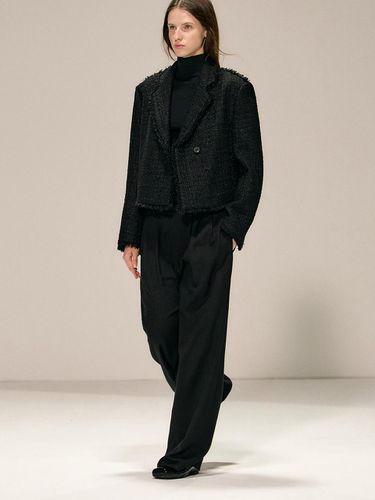 Wool Tweed Cropped Fringe Jacket [Black] - RIDIFI - Modalova