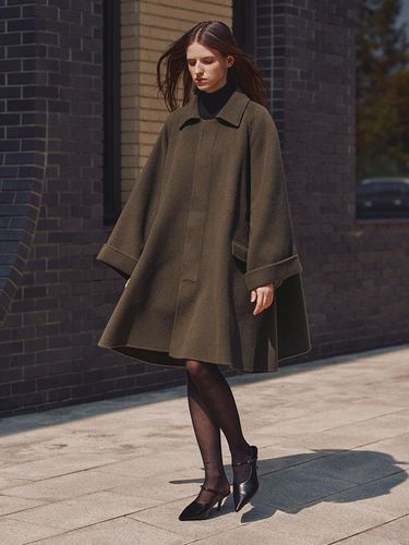 Draped Flare Wool A-line Coat [Khaki] - RIDIFI - Modalova