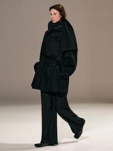 Wool Double-Breasted Draped Scarf Detail Coat [Black] - RIDIFI - Modalova