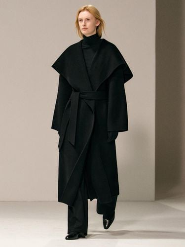 Draped Belted Wool Handcrafted Coat [Black] - RIDIFI - Modalova