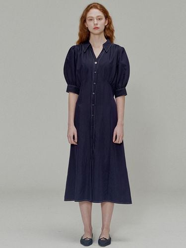 Open collar shirring detail shirt dress_Navy - OPENING SUNSHINE - Modalova