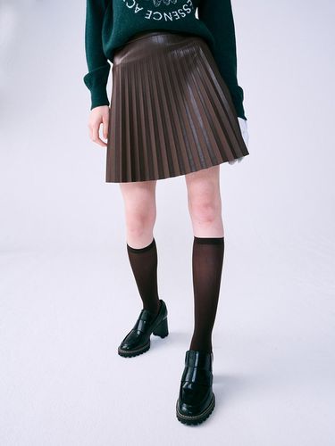 FAUX LEATHER ACCORDIAN PLEATSED SKIRT_BROWN BLUE - Mardi Mercredi Actif - Modalova