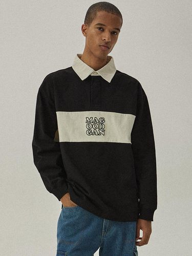 Oversized Embroidered Logo Contrasting Collar Rugby T-shirt [Black] - MAGOODGAN - Modalova