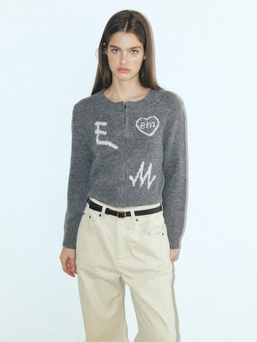 Lettering Zip - Up Knit Cardigan, Grey - ETMON - Modalova