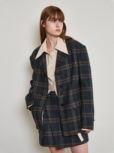 Oversized Tailored Checkered Single Jacket_NAVY CH - mu:arvo - Modalova