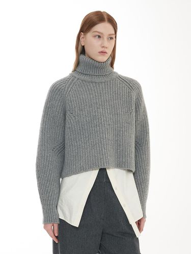 Turtleneck Cropped Knit Pullover_Melange Grey - mu:arvo - Modalova