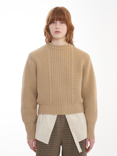 Crewneck Cable Volume Sleeve Knit Pullover_Beige - mu:arvo - Modalova