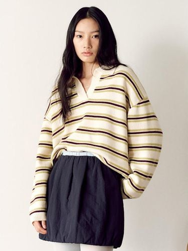 Wool Stripe Open Collar Knit Pullover - kuho plus - Modalova