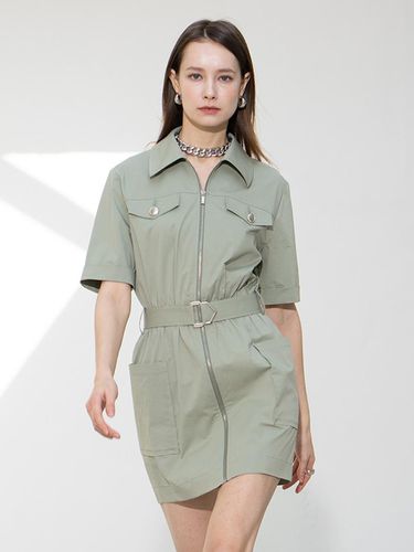 Belted outpocket zipper mini dress - khaki - cordinary - Modalova