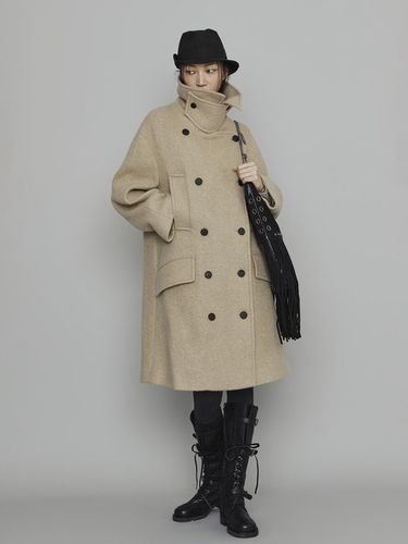 Atelier] Detachable Neck Button Double Half Coat - LUCKY CHOUETTE - Modalova