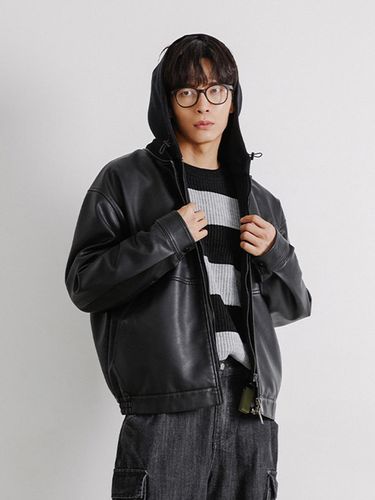 Men's artificial leather hoodie zip-up jumper (BK) - ADHOC - Modalova