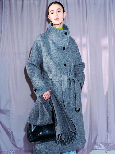 Belted High Neck Long Coat - Melange Grey - LOEUVRE - Modalova