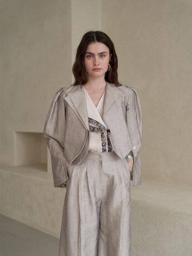 Button Point Puff Sleeve Linen Cropped Jacket - CAHIERS - Modalova