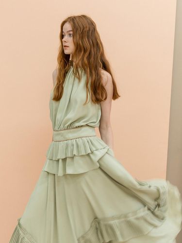 Bias Cut Trim Pleated Asymmetric Skirt_CELADON - CAHIERS - Modalova