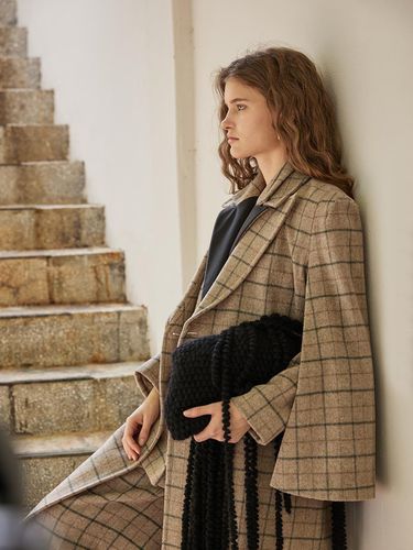 Loose Fit Cape-style Check Long Coat - CAHIERS - Modalova