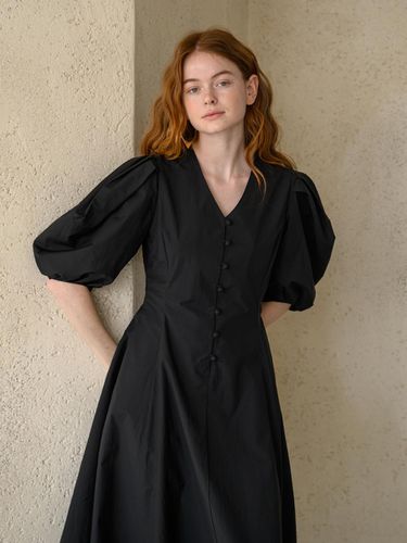 CAHISIENNE] V Neck Puff Sleeve A Line dress_Black - CAHIERS - Modalova