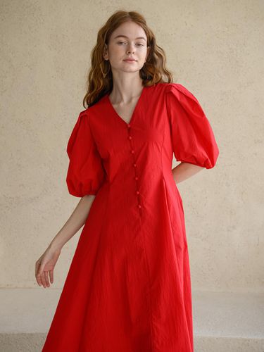 CAHISIENNE] V Neck Puff Sleeve A Line dress_Red - CAHIERS - Modalova