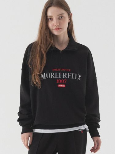 Slogans Oversized Fit Semi Zip-Up Sweatshirt (Blac - PIANER - Modalova