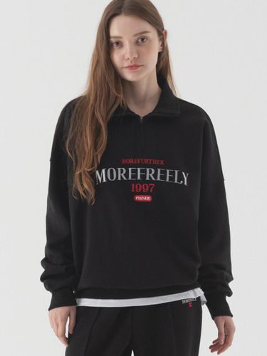 Slogans Oversized Fit Semi Zip-Up Sweatshirt (Black) - PIANER - Modalova