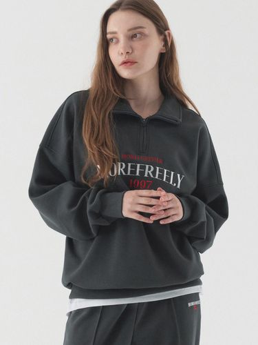 Slogans Oversized Fit Semi Zip-Up Sweatshirt (Char - PIANER - Modalova