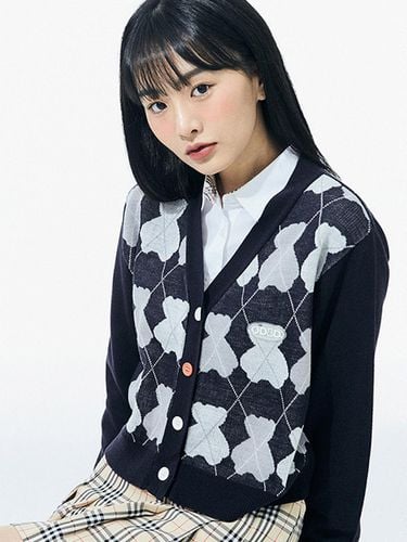 AQO x ODSD Cropped Knitwear Argyle Cardigan - NAVY - ODD STUDIO - Modalova