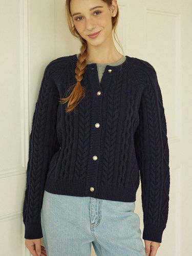 Gold Button Cable Wool Knit Cardigan - Navy - NONLOCAL - Modalova