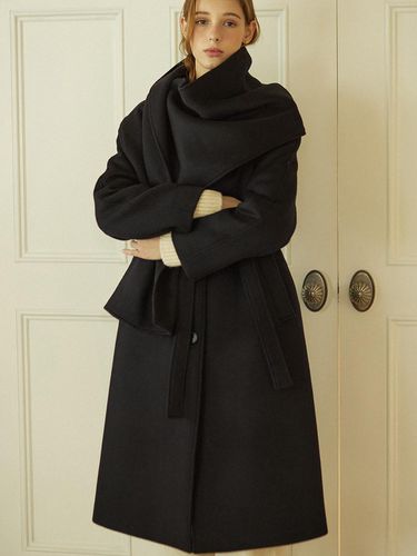 Muffler Belted Wool Long Coat - Navy - NONLOCAL - Modalova