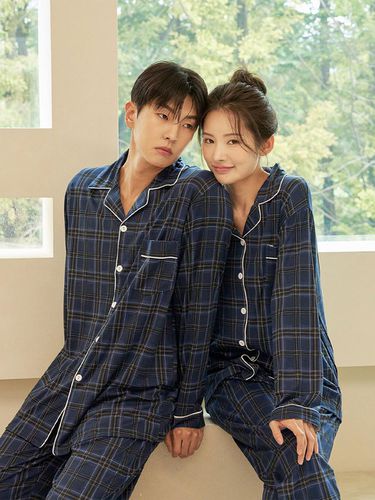 Tartan Collar Long-Sleeved Couple Pajamas Set - DOSSY - Modalova