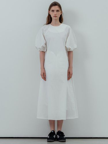 Balloon Sleeve Cotton Long Dress_Off White - REFINED902 - Modalova