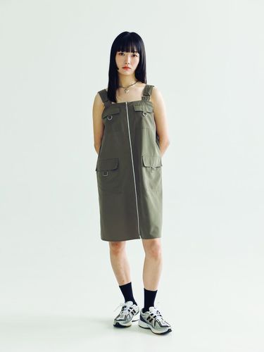 SUSPENDER MIDI DRESS _ KHAKI - bomnal boutique - Modalova