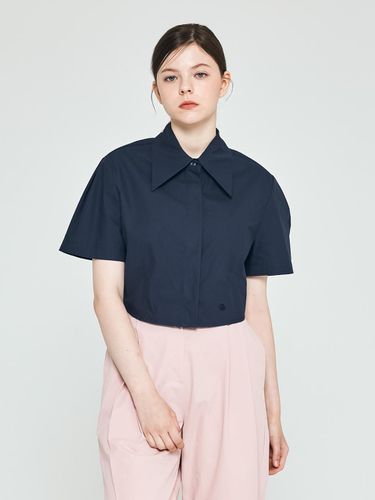 Big Collar Cropped Short-Sleeved Shirt (Navy) - depasion - Modalova