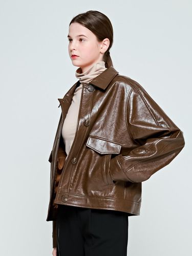 Utility Crop Leather Jacket (Brown) - depasion - Modalova