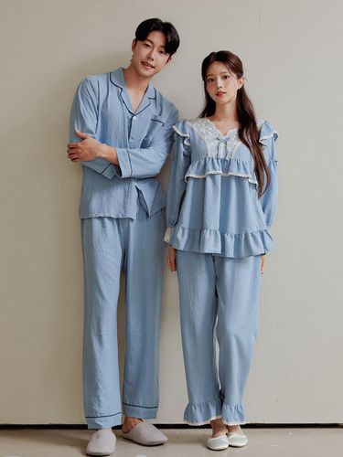 Couple Pion Sandwashing V-Neck Pajamas Sets - LUNALUZ STUDIO - Modalova