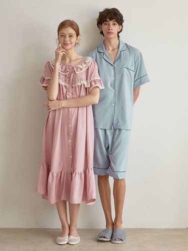 Couple Piony Sandwashing Round Neck Pajamas Sets - LUNALUZ STUDIO - Modalova