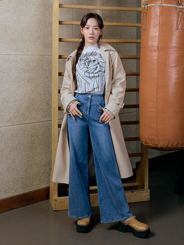 Pocket Embroidery Point Wide Denim Pants - itMICHAA - Modalova