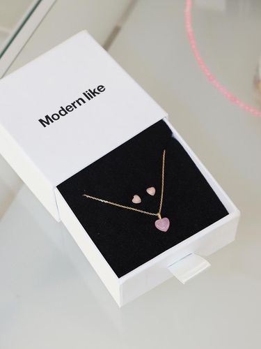 K Gold-Filled Silver Pink Heart Necklace Earring - modernlike - Modalova