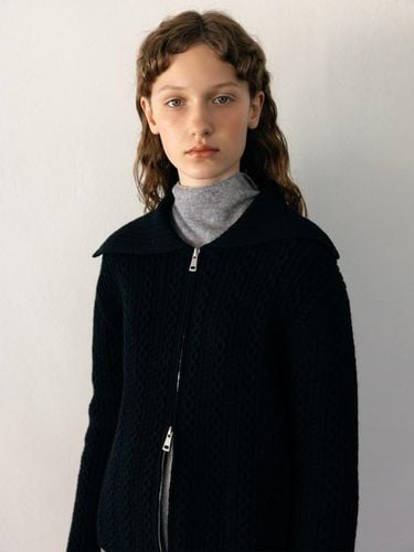 Wool Cable Collar Zip-up Cardigan - kotelo - Modalova