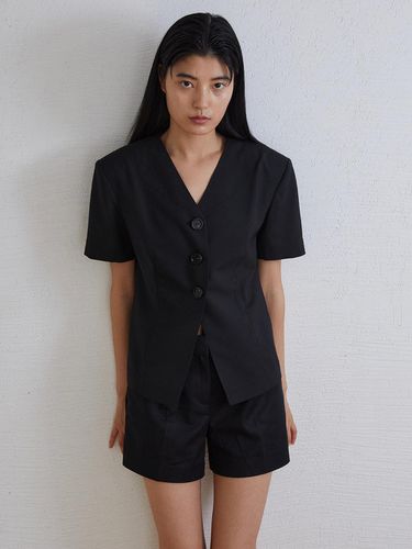 Collarless Summer Wool Jacket_BLACK - emkm - Modalova