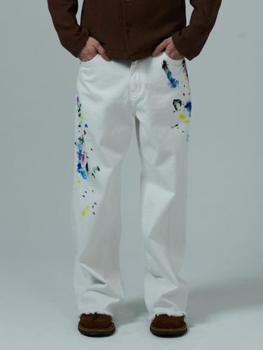 Handmade Painting Denim Pants White - beyondcloset - Modalova