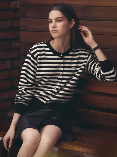 Stripe round neck wool cardigan_Black - TILLIDIE - Modalova