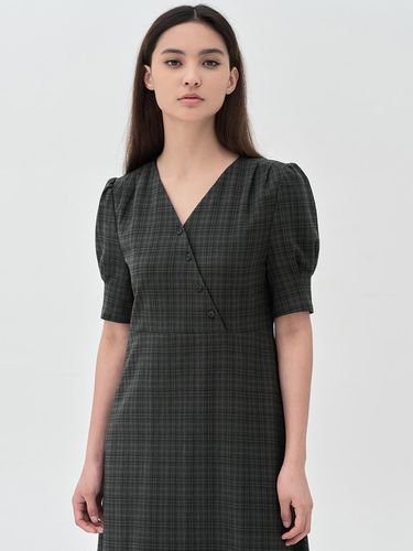 Checkered linen V-neck puffed dress Checkered gray - MONGDOL - Modalova