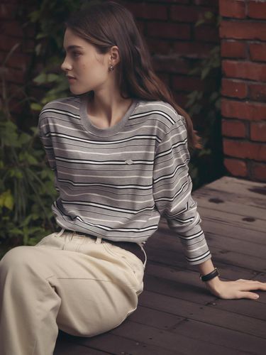 Bonheur stripe cotton t-shirt_Gray - TILLIDIE - Modalova