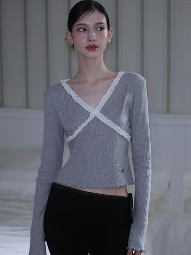 Cross Lace Long Sleeve Top [Gray] - Rosefrantz - Modalova