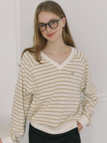 V-neck Stripe Cotton Sweatshirt - Beige - ourhope - Modalova