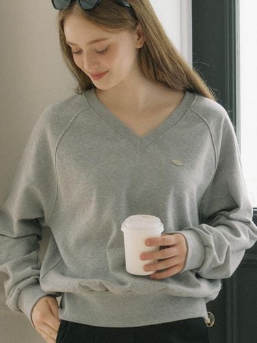 V-neck Cotton Sweatshirt - Melange Grey - ourhope - Modalova