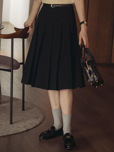 Belt set pleats midi skirt_Black - TILLIDIE - Modalova