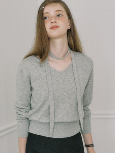 Cashmere Tie Set V-neck knit - Melange Grey - ourhope - Modalova