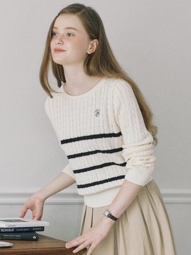 Cable Stripe Ribbon Long Sleeve Knit - ourhope - Modalova