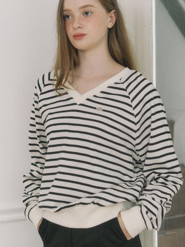 V-neck Stripe Cotton Sweatshirt - Black - ourhope - Modalova