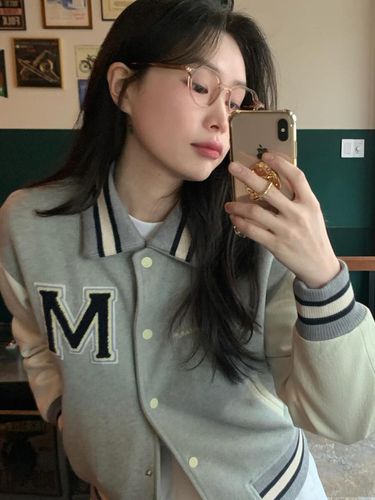 Embroidered Patch Varsity Jacket Gray MDJK026GRAY - MONGDOL - Modalova